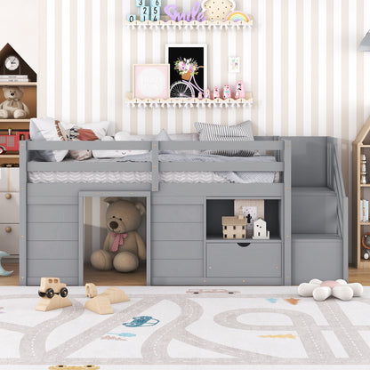 TWIN BED, SOLID WOOD TWIN SIZE LOW LOFT BED WITH STAIR, DRAWER, AND SHELF OF GREY COLOR image 2