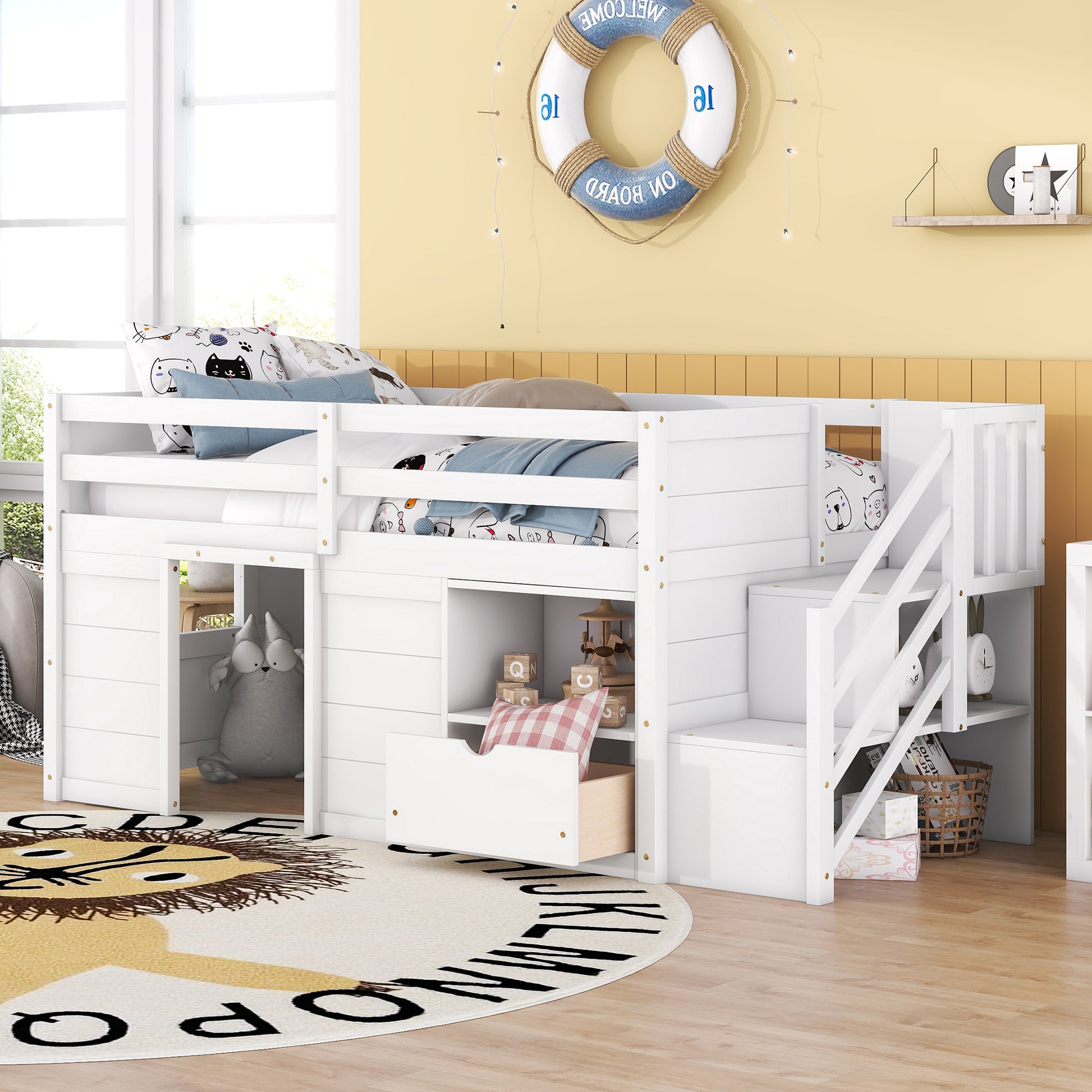 TWIN BED, SOLID WOOD TWIN SIZE LOW LOFT BED WITH STAIR, DRAWER, AND SHELF OF WHITE COLOR image 4