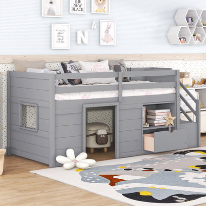 TWIN BED, SOLID WOOD TWIN SIZE LOW LOFT BED WITH STAIR, DRAWER, AND SHELF OF GREY COLOR image 5