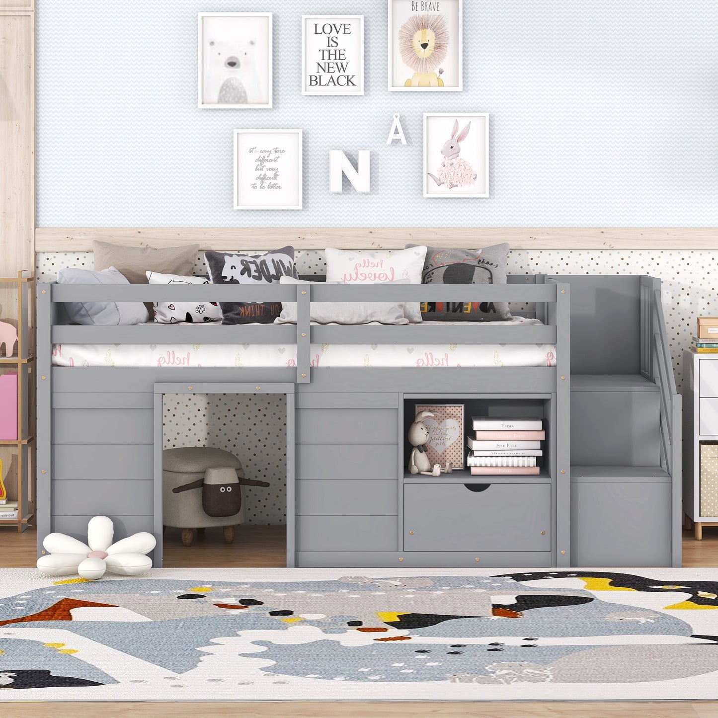 TWIN BED, SOLID WOOD TWIN SIZE LOW LOFT BED WITH STAIR, DRAWER, AND SHELF OF GREY COLOR image 6