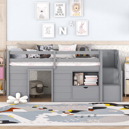 TWIN BED, SOLID WOOD TWIN SIZE LOW LOFT BED WITH STAIR, DRAWER, AND SHELF OF GREY COLOR image 6