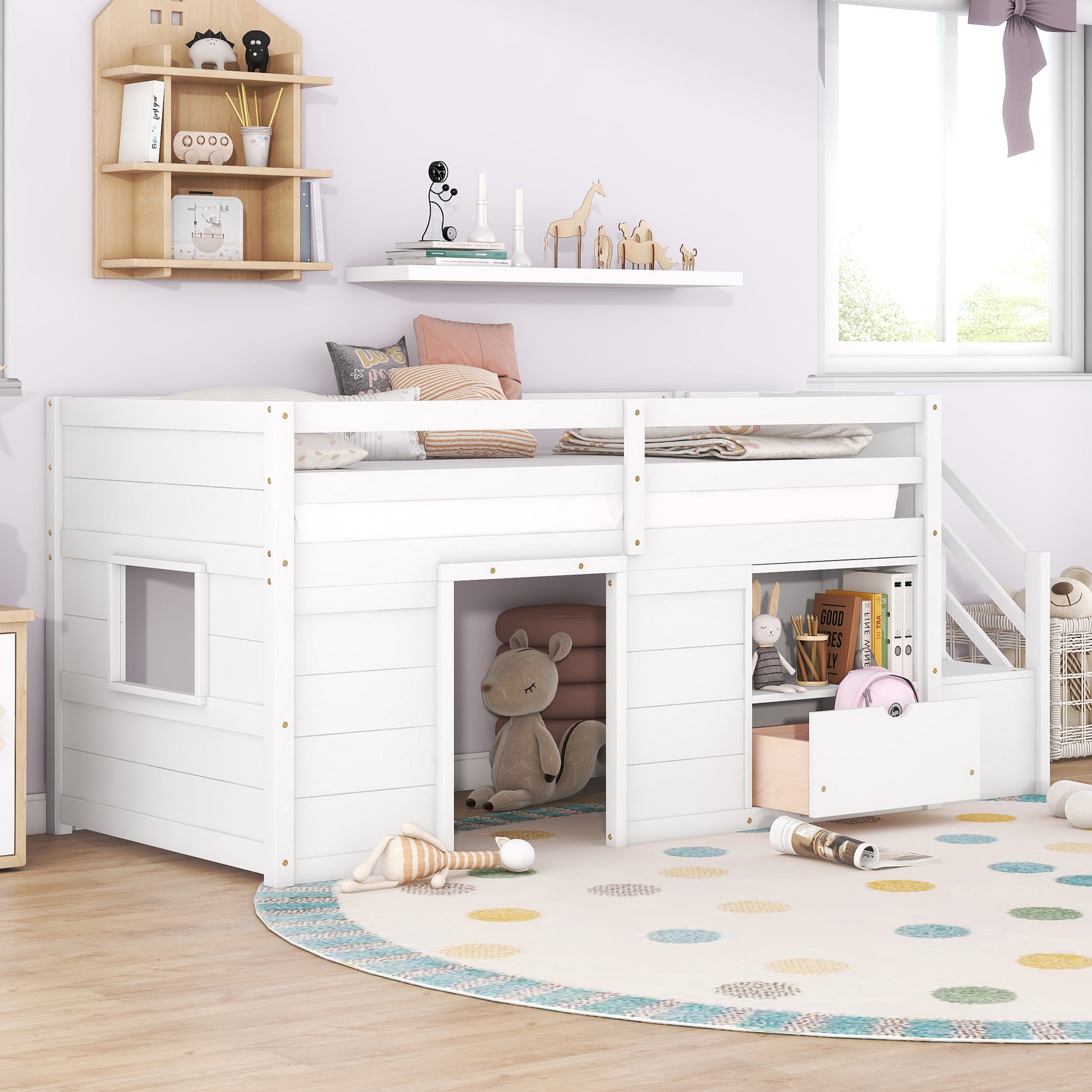 TWIN BED, SOLID WOOD TWIN SIZE LOW LOFT BED WITH STAIR, DRAWER, AND SHELF OF WHITE COLOR image 8