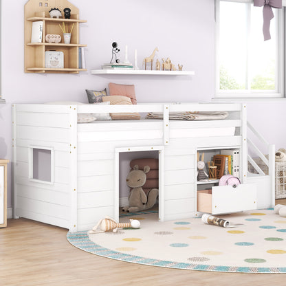 TWIN BED, SOLID WOOD TWIN SIZE LOW LOFT BED WITH STAIR, DRAWER, AND SHELF OF WHITE COLOR image 8