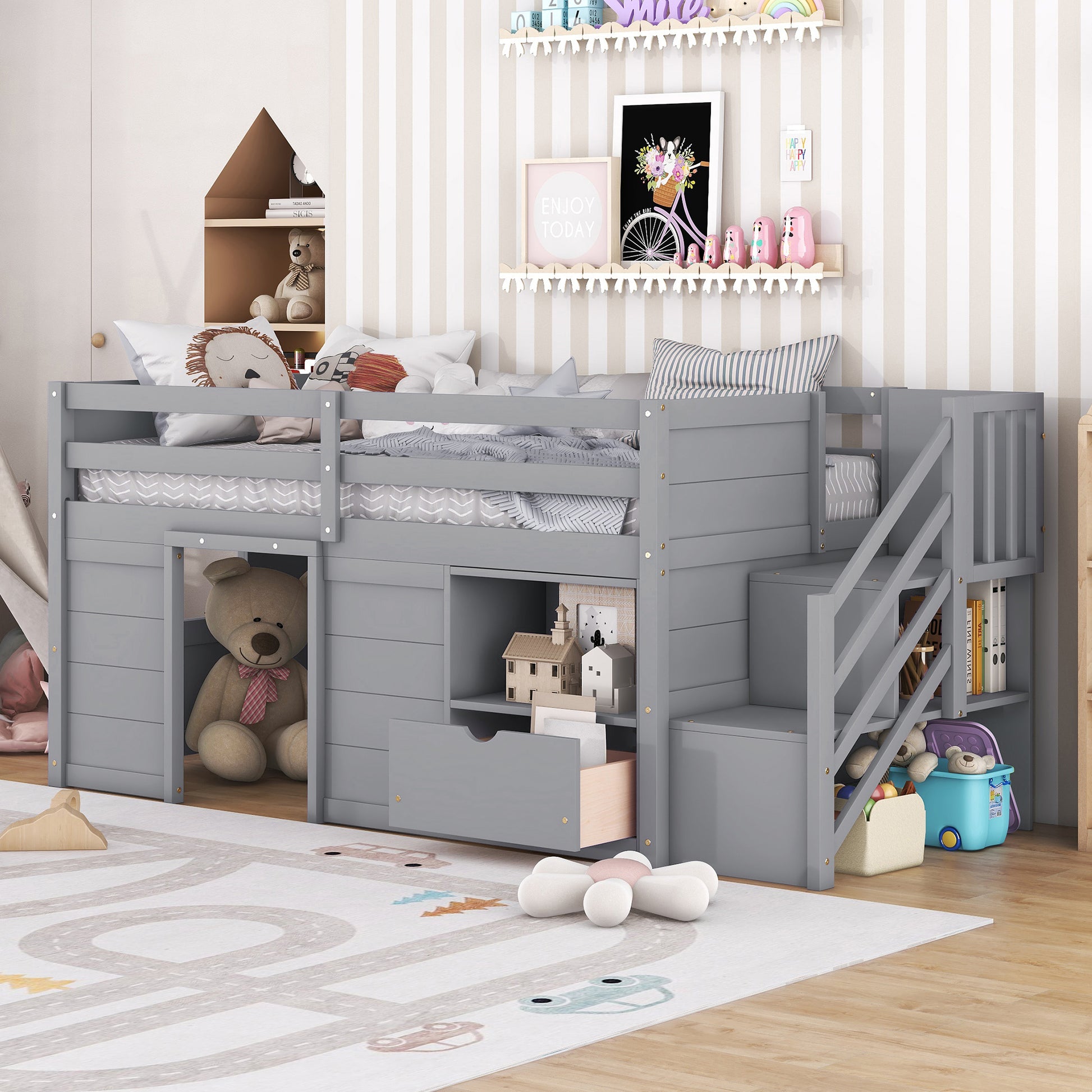 TWIN BED, SOLID WOOD TWIN SIZE LOW LOFT BED WITH STAIR, DRAWER, AND SHELF OF GREY COLOR image 1