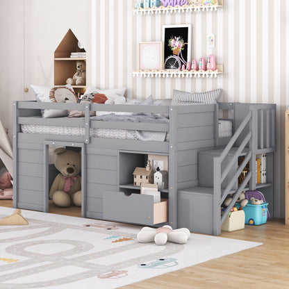 TWIN BED, SOLID WOOD TWIN SIZE LOW LOFT BED WITH STAIR, DRAWER, AND SHELF OF GREY COLOR image 1