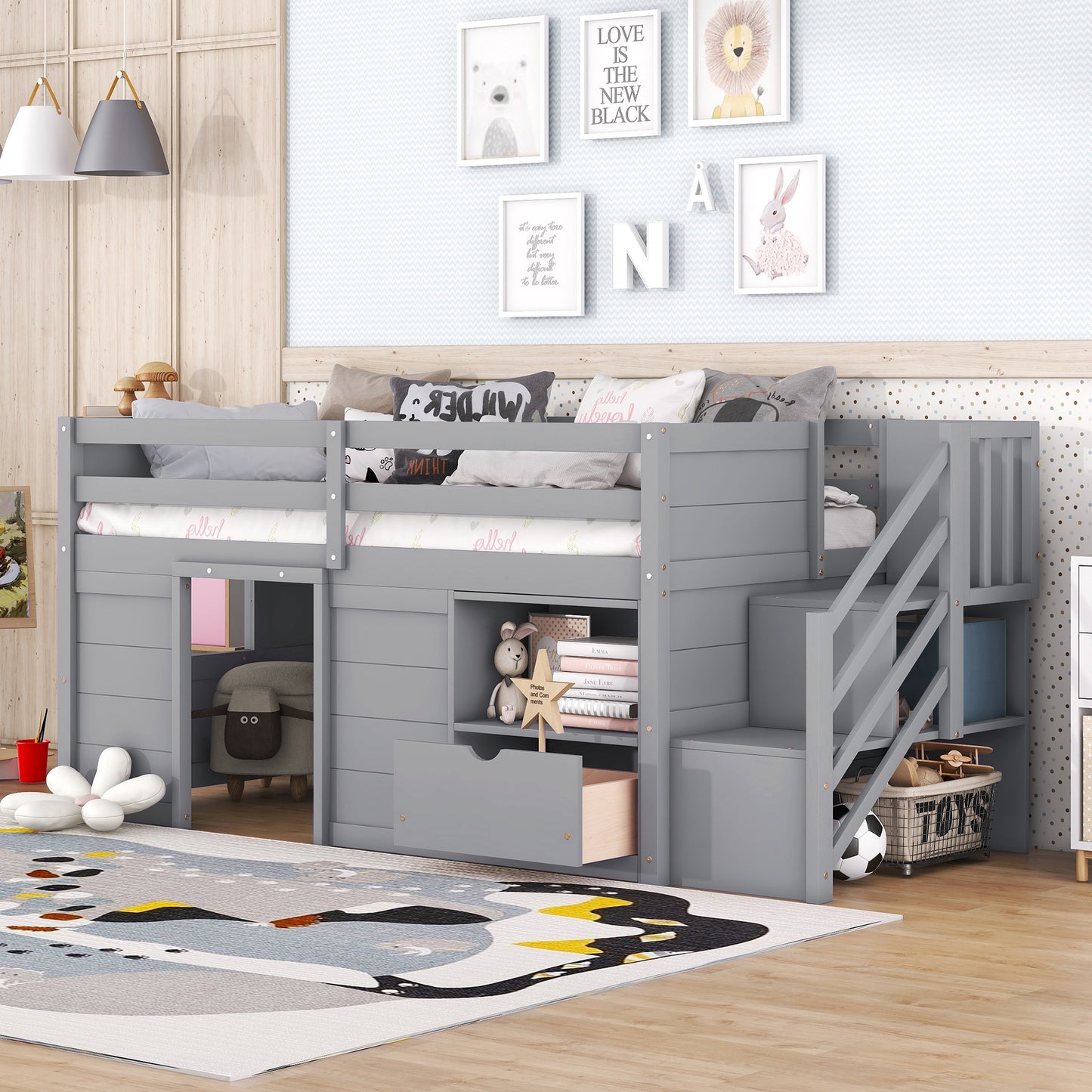TWIN BED, SOLID WOOD TWIN SIZE LOW LOFT BED WITH STAIR, DRAWER, AND SHELF OF GREY COLOR image 4
