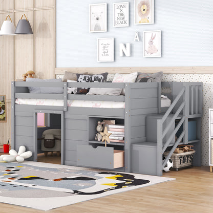 TWIN BED, SOLID WOOD TWIN SIZE LOW LOFT BED WITH STAIR, DRAWER, AND SHELF OF GREY COLOR image 4