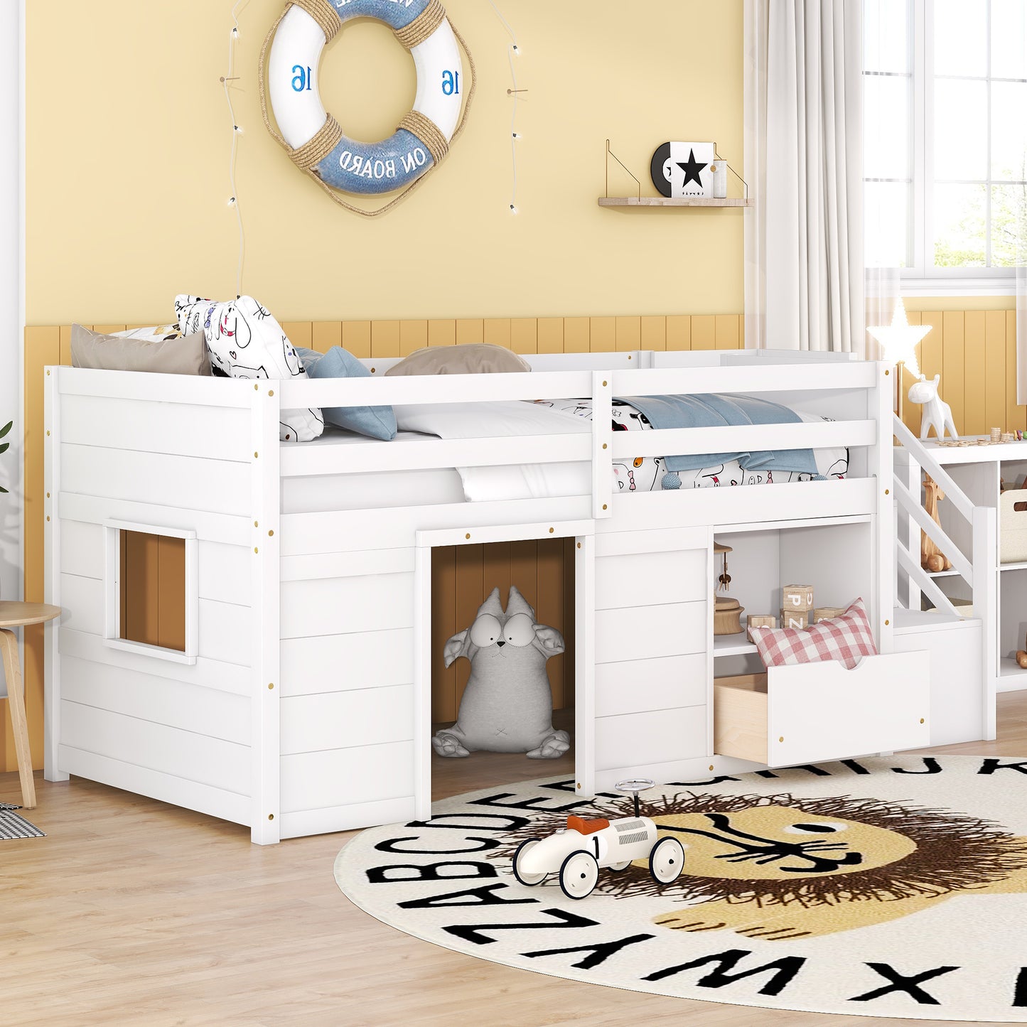 TWIN BED, SOLID WOOD TWIN SIZE LOW LOFT BED WITH STAIR, DRAWER, AND SHELF OF WHITE COLOR image 6