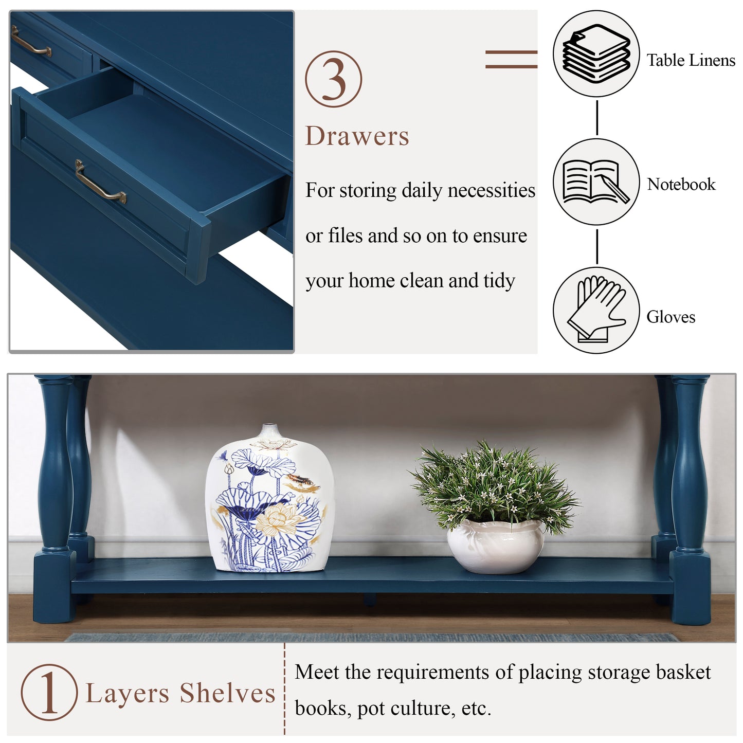 63inch Long Wood Console Table with 3 Drawers and 1 Bottom Shelf for Entryway Hallway Easy Assembly Extra-thick Sofa Table(Navy Blue) image 11