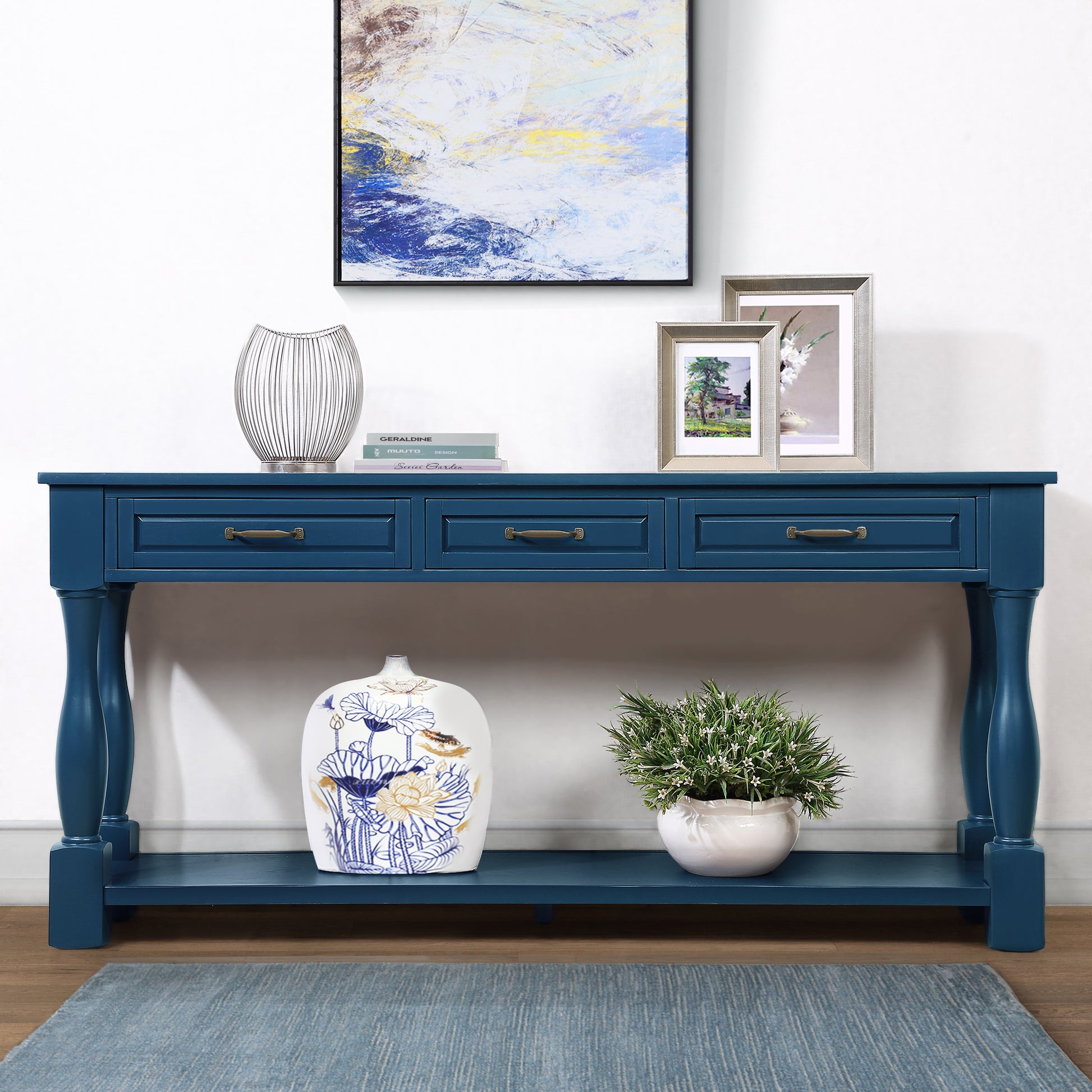 63inch Long Wood Console Table with 3 Drawers and 1 Bottom Shelf for Entryway Hallway Easy Assembly Extra-thick Sofa Table(Navy Blue) image 1
