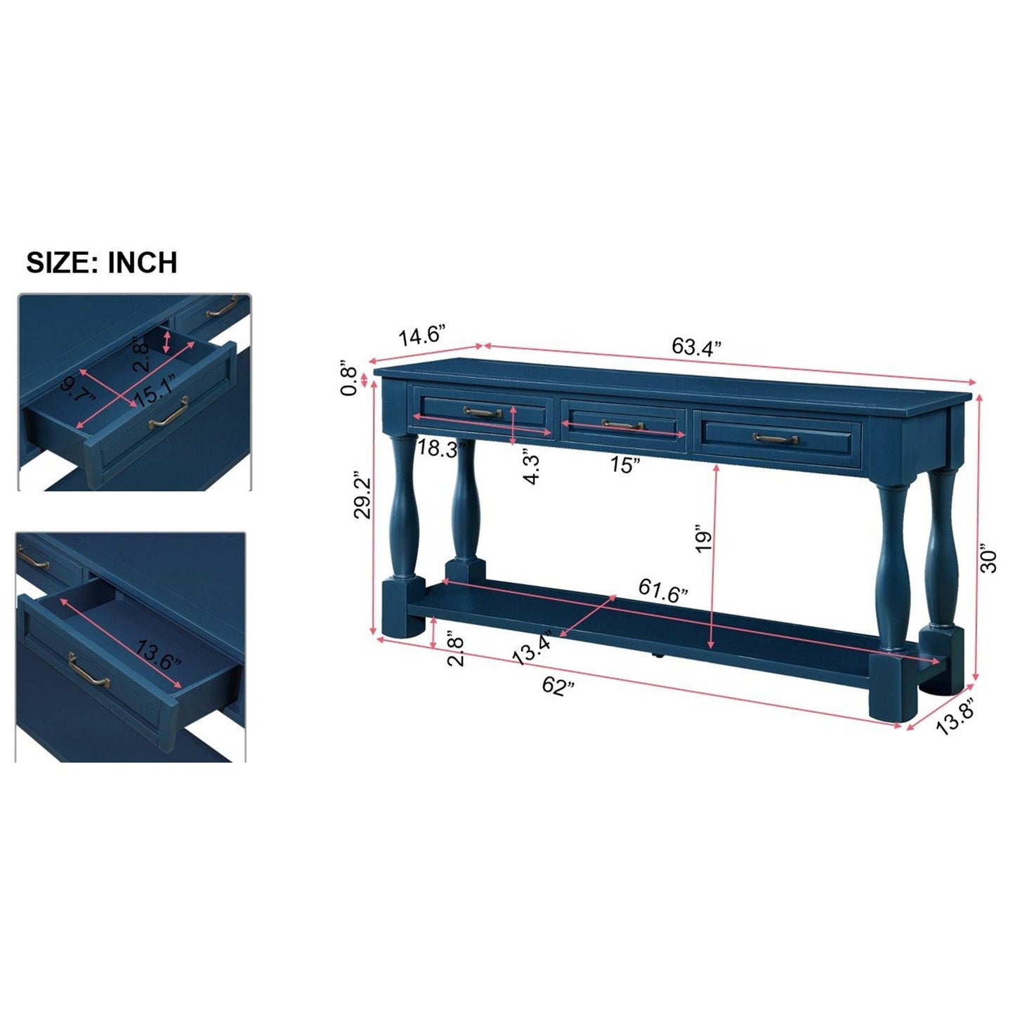 63inch Long Wood Console Table with 3 Drawers and 1 Bottom Shelf for Entryway Hallway Easy Assembly Extra-thick Sofa Table(Navy Blue) image 5