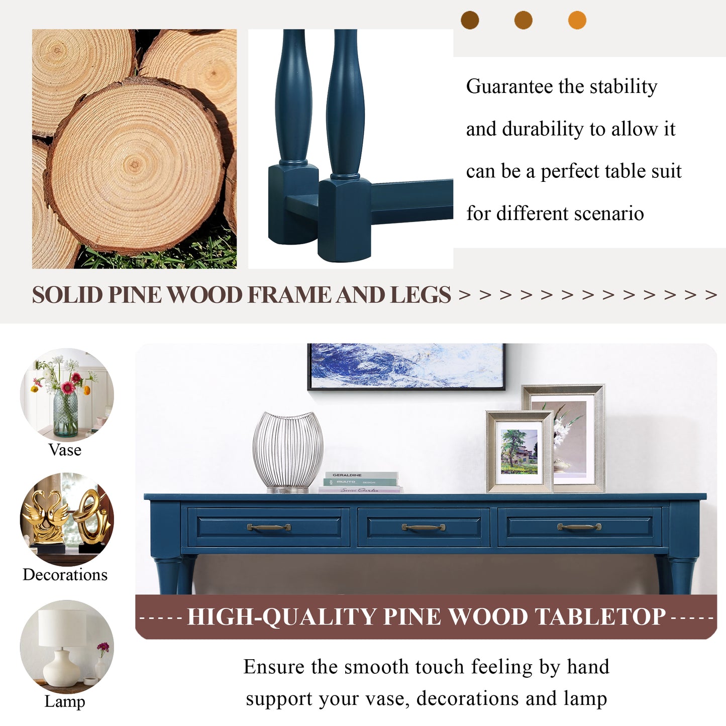 63inch Long Wood Console Table with 3 Drawers and 1 Bottom Shelf for Entryway Hallway Easy Assembly Extra-thick Sofa Table(Navy Blue) image 10