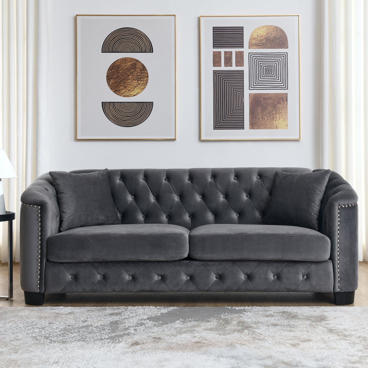 77-Inch Modern Chesterfield Velvet Sofa, 3-Seater Sofa, Upholstered Tufted Backrests with Nailhead Arms and 2 Cushions for Living Room, Bedroom, Apartment, Office (Grey) image 3