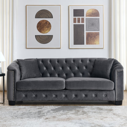 77-Inch Modern Chesterfield Velvet Sofa, 3-Seater Sofa, Upholstered Tufted Backrests with Nailhead Arms and 2 Cushions for Living Room, Bedroom, Apartment, Office (Grey) image 3