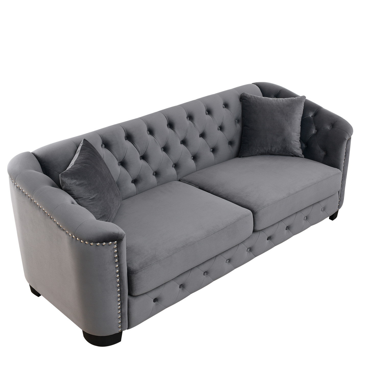 77-Inch Modern Chesterfield Velvet Sofa, 3-Seater Sofa, Upholstered Tufted Backrests with Nailhead Arms and 2 Cushions for Living Room, Bedroom, Apartment, Office (Grey) image 6