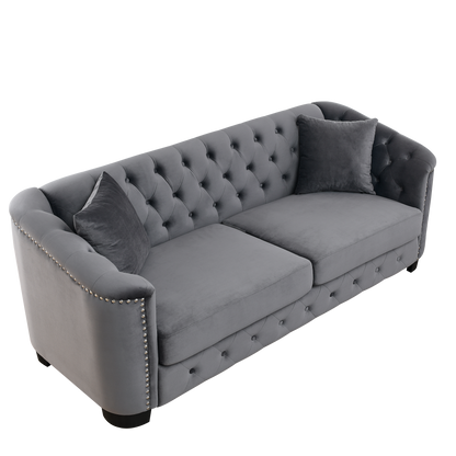 77-Inch Modern Chesterfield Velvet Sofa, 3-Seater Sofa, Upholstered Tufted Backrests with Nailhead Arms and 2 Cushions for Living Room, Bedroom, Apartment, Office (Grey) image 6