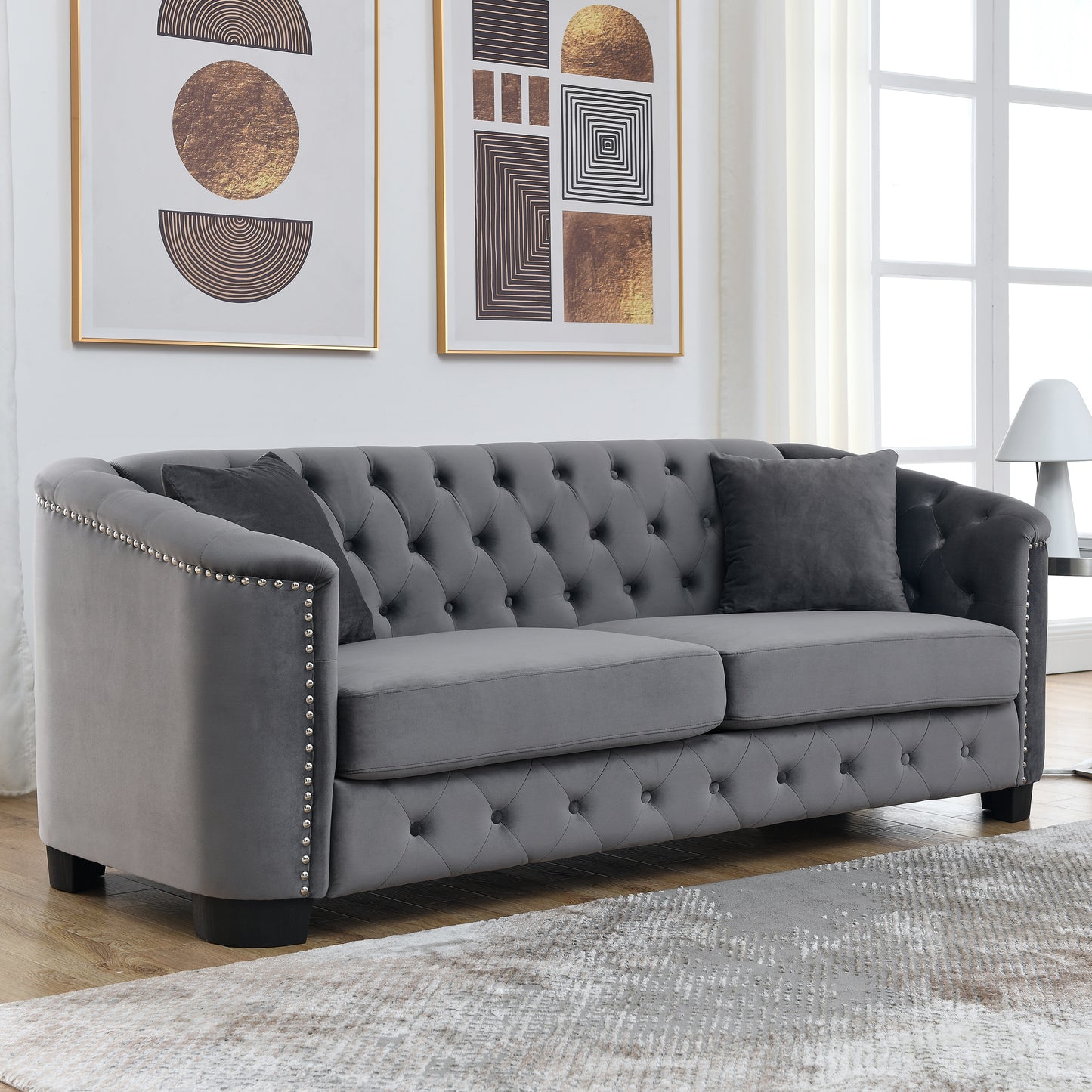 77-Inch Modern Chesterfield Velvet Sofa, 3-Seater Sofa, Upholstered Tufted Backrests with Nailhead Arms and 2 Cushions for Living Room, Bedroom, Apartment, Office (Grey) image 2