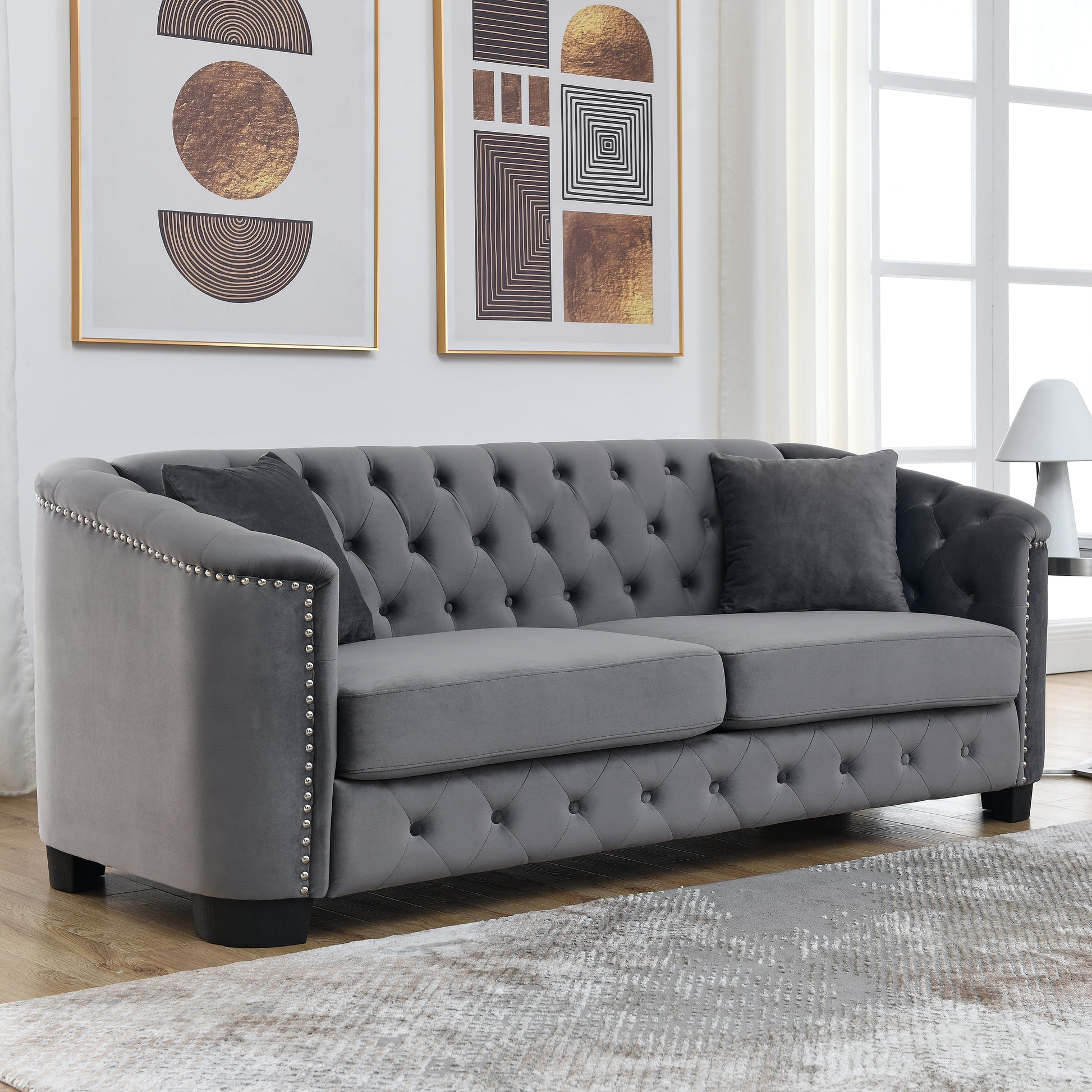 77-Inch Modern Chesterfield Velvet Sofa, 3-Seater Sofa, Upholstered Tufted Backrests with Nailhead Arms and 2 Cushions for Living Room, Bedroom, Apartment, Office (Grey) image 2