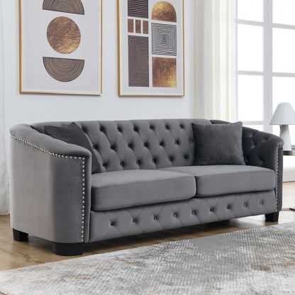 77-Inch Modern Chesterfield Velvet Sofa, 3-Seater Sofa, Upholstered Tufted Backrests with Nailhead Arms and 2 Cushions for Living Room, Bedroom, Apartment, Office (Grey) image 2