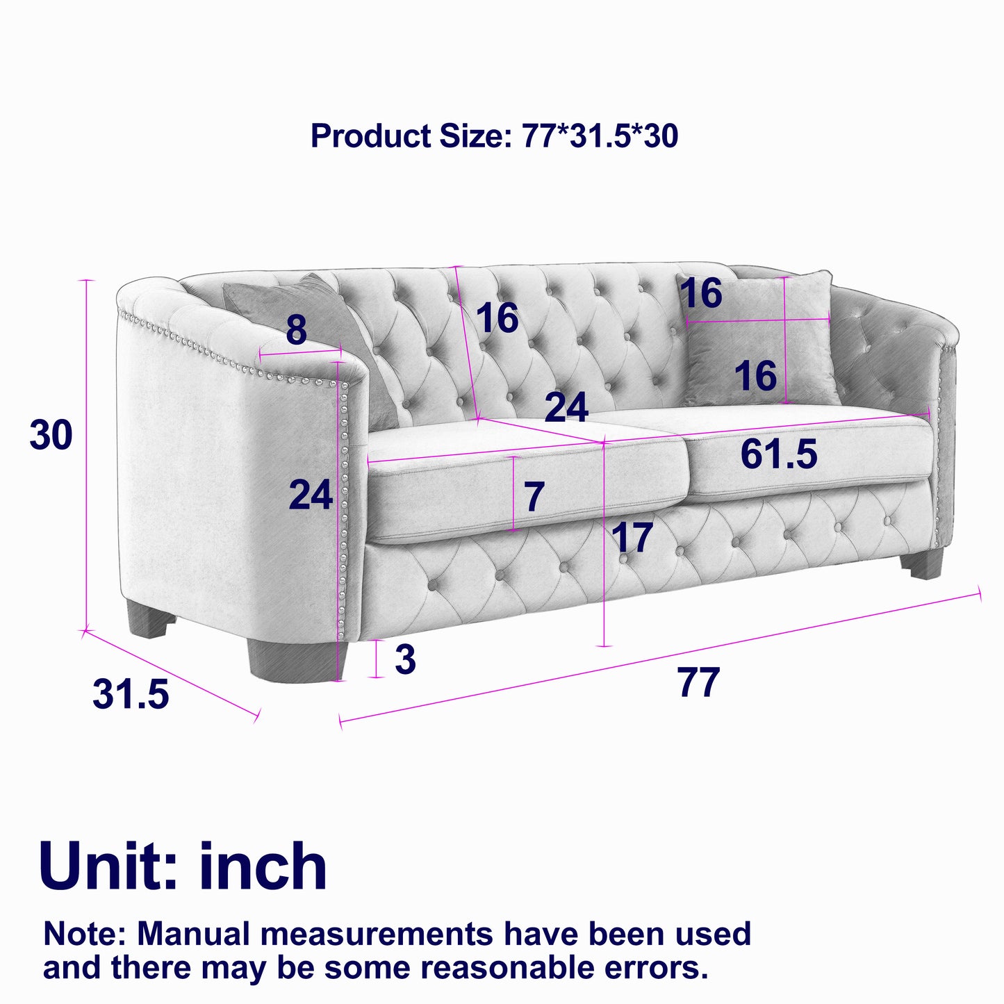 77-Inch Modern Chesterfield Velvet Sofa, 3-Seater Sofa, Upholstered Tufted Backrests with Nailhead Arms and 2 Cushions for Living Room, Bedroom, Apartment, Office (Grey) image 4