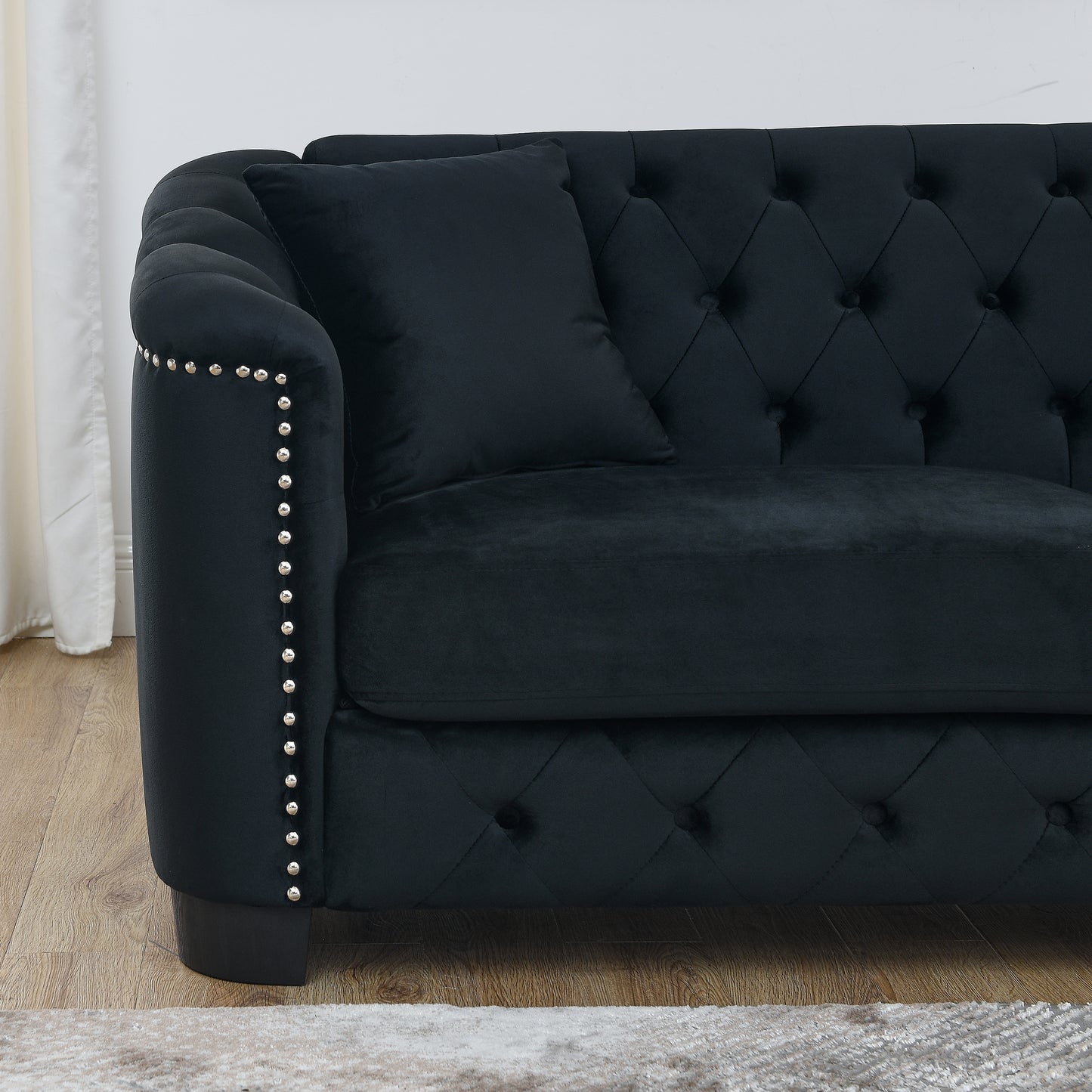 77-Inch Modern Chesterfield Velvet Sofa, 3-Seater Sofa, Upholstered Tufted Backrests with Nailhead Arms and 2 Cushions for Living Room, Bedroom, Apartment, Office (Black) image 9