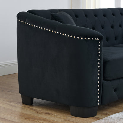 77-Inch Modern Chesterfield Velvet Sofa, 3-Seater Sofa, Upholstered Tufted Backrests with Nailhead Arms and 2 Cushions for Living Room, Bedroom, Apartment, Office (Black) image 8