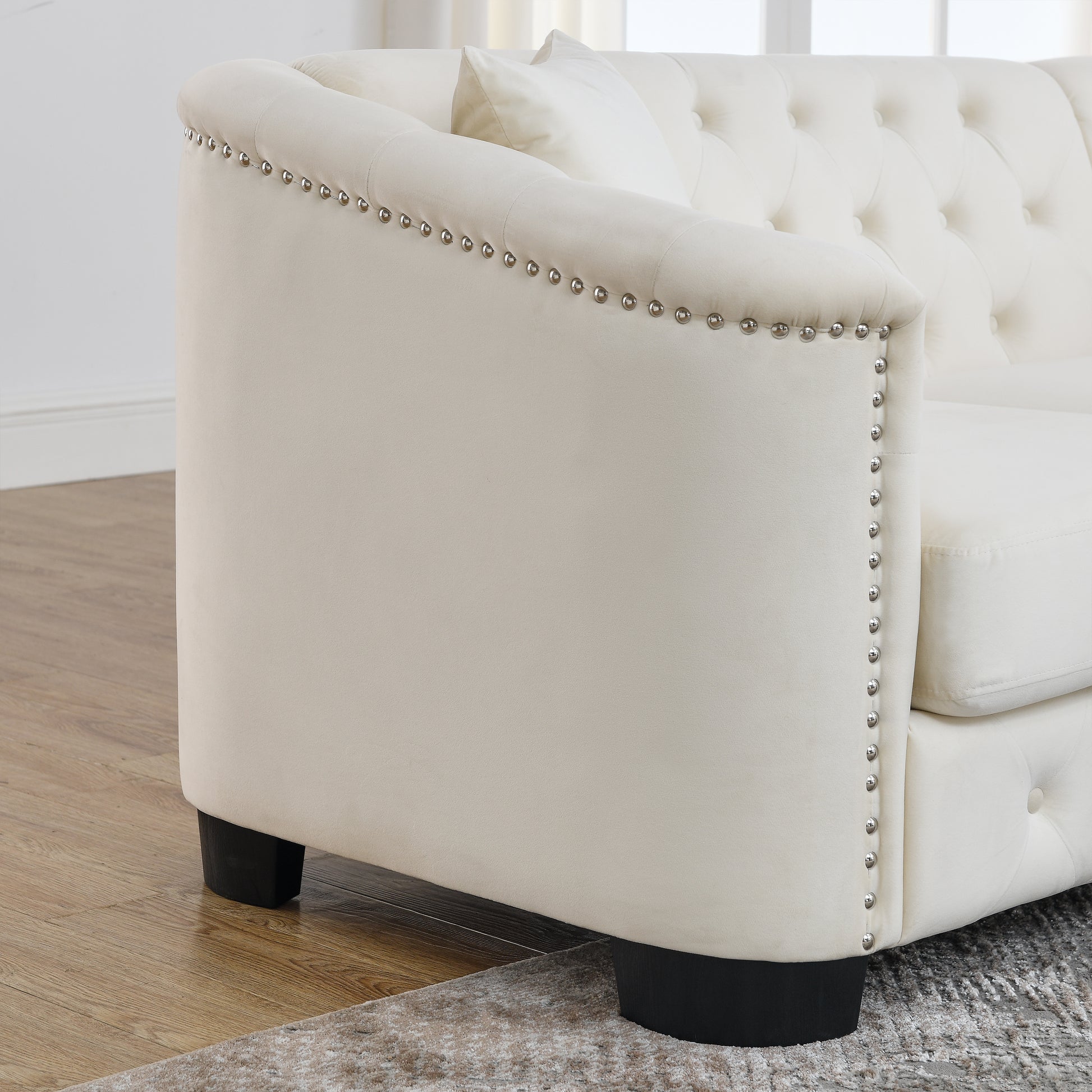 59-Inch Modern Chesterfield Velvet Sofa, 2-Seater Sofa, Upholstered Tufted Backrests with Nailhead Arms and 2 Cushions for Living Room, Bedroom, Apartment, Office (Beige) image 8