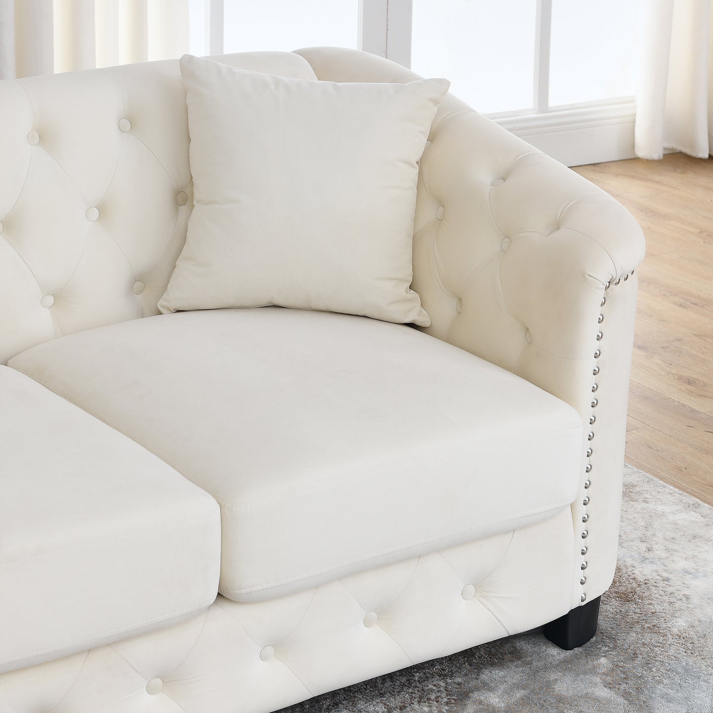 59-Inch Modern Chesterfield Velvet Sofa, 2-Seater Sofa, Upholstered Tufted Backrests with Nailhead Arms and 2 Cushions for Living Room, Bedroom, Apartment, Office (Beige) image 10