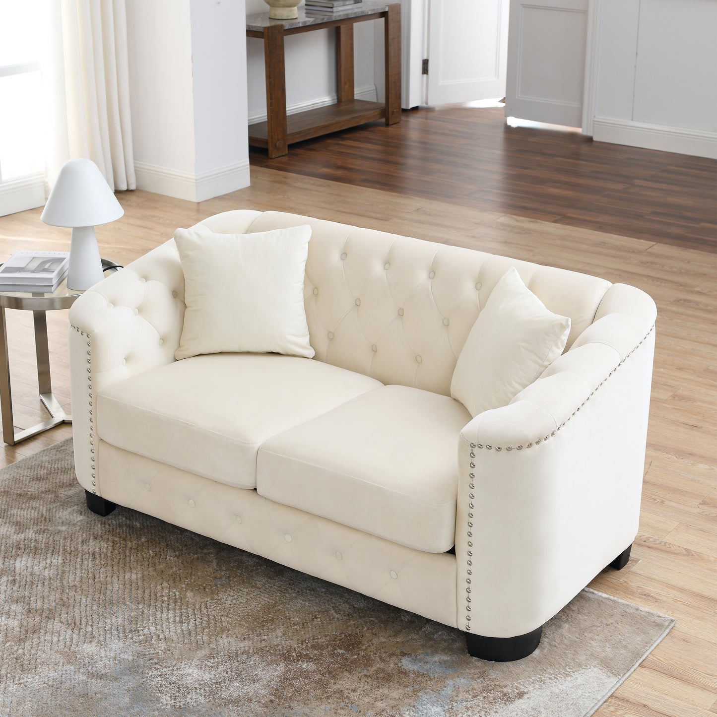 59-Inch Modern Chesterfield Velvet Sofa, 2-Seater Sofa, Upholstered Tufted Backrests with Nailhead Arms and 2 Cushions for Living Room, Bedroom, Apartment, Office (Beige) image 3