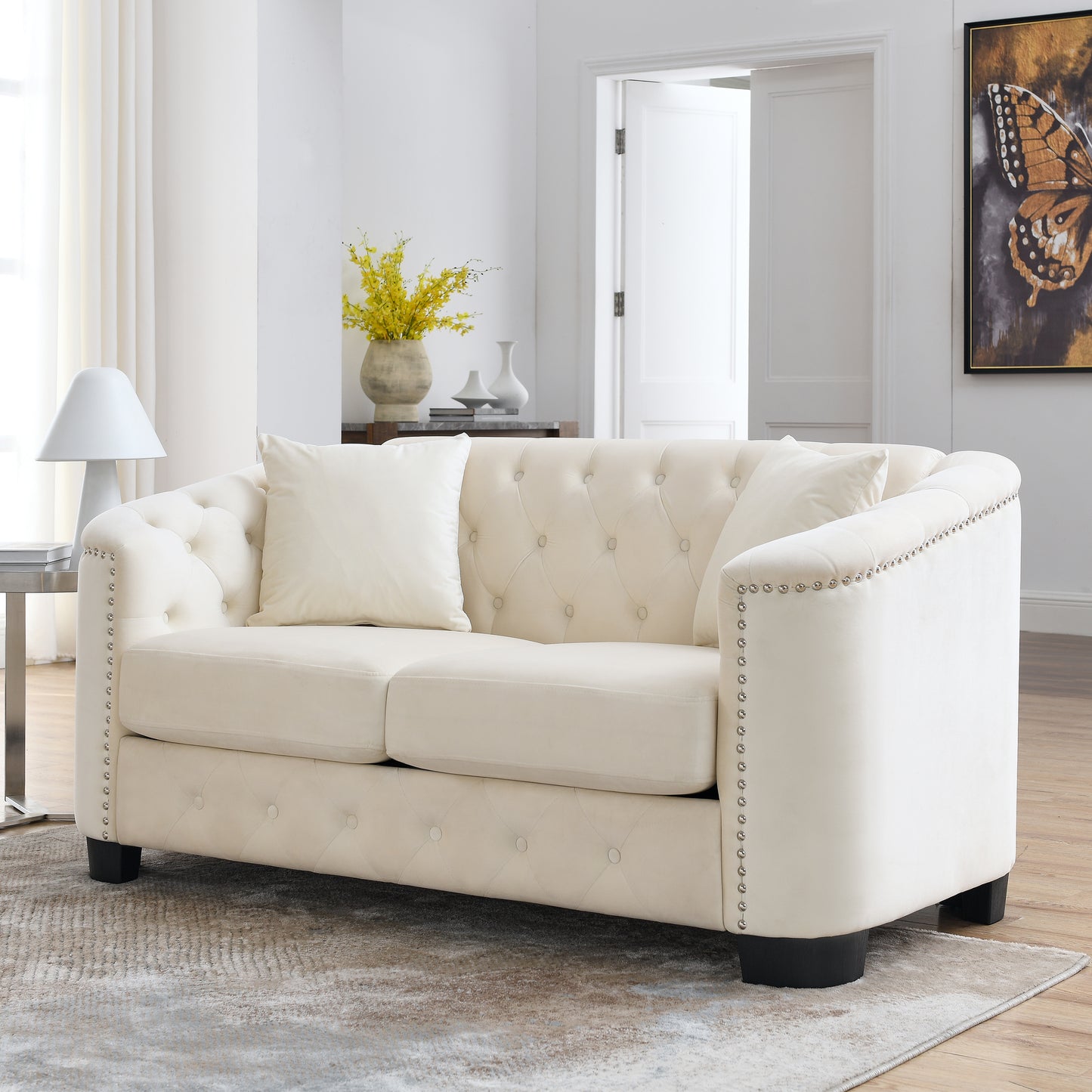 59-Inch Modern Chesterfield Velvet Sofa, 2-Seater Sofa, Upholstered Tufted Backrests with Nailhead Arms and 2 Cushions for Living Room, Bedroom, Apartment, Office (Beige) image 2