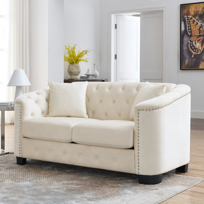 59-Inch Modern Chesterfield Velvet Sofa, 2-Seater Sofa, Upholstered Tufted Backrests with Nailhead Arms and 2 Cushions for Living Room, Bedroom, Apartment, Office (Beige) image 2