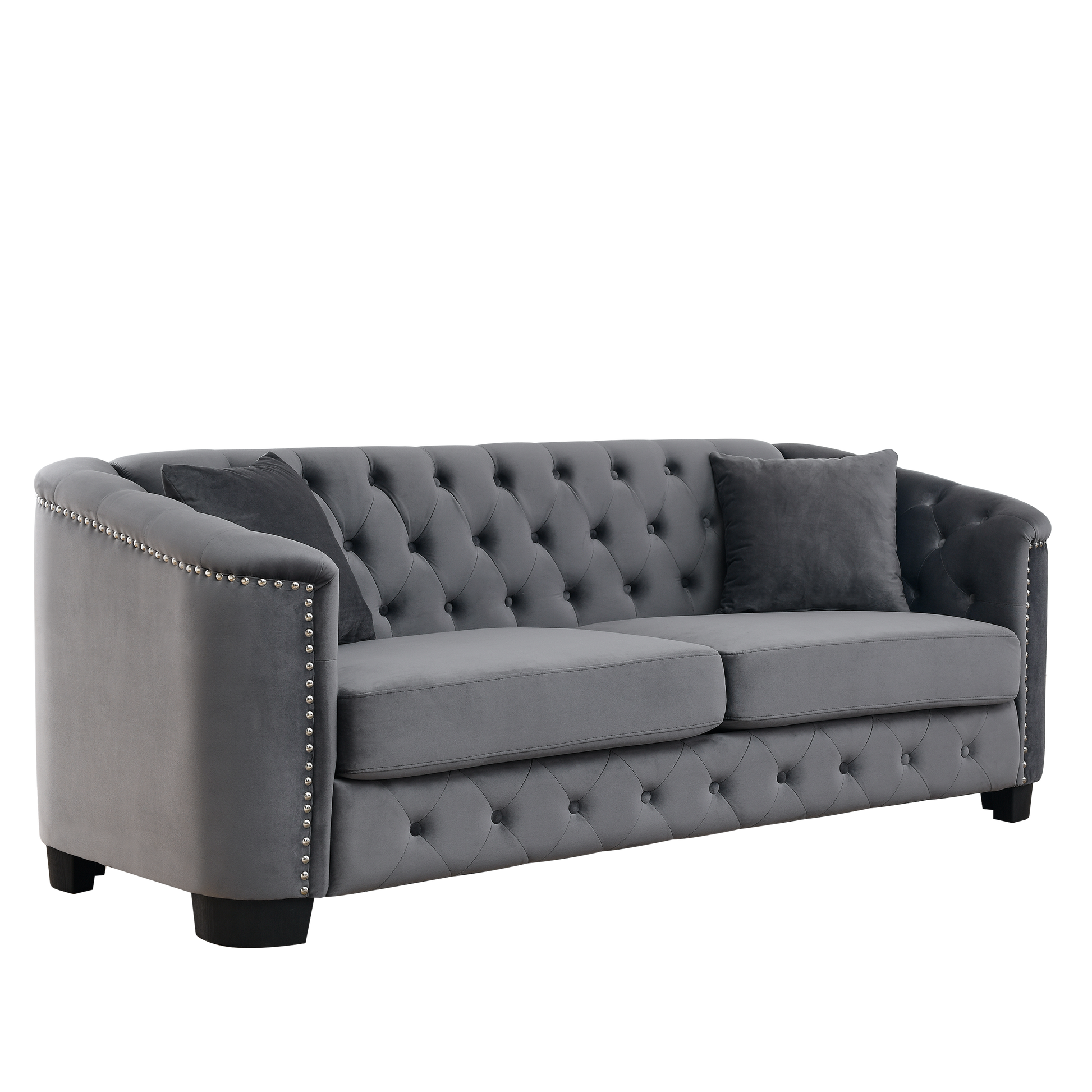 77-Inch Modern Chesterfield Velvet Sofa, 3-Seater Sofa, Upholstered Tufted Backrests with Nailhead Arms and 2 Cushions for Living Room, Bedroom, Apartment, Office (Grey) image 7