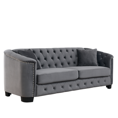 77-Inch Modern Chesterfield Velvet Sofa, 3-Seater Sofa, Upholstered Tufted Backrests with Nailhead Arms and 2 Cushions for Living Room, Bedroom, Apartment, Office (Grey) image 7