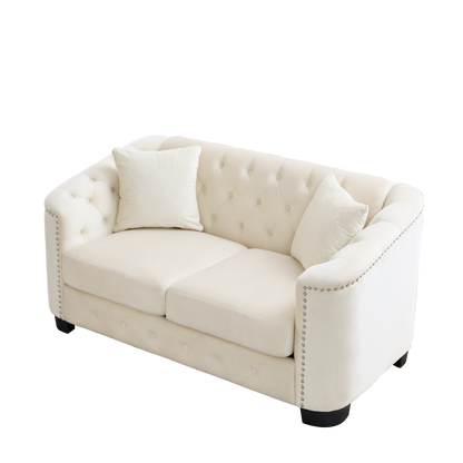 59-Inch Modern Chesterfield Velvet Sofa, 2-Seater Sofa, Upholstered Tufted Backrests with Nailhead Arms and 2 Cushions for Living Room, Bedroom, Apartment, Office (Beige) image 7