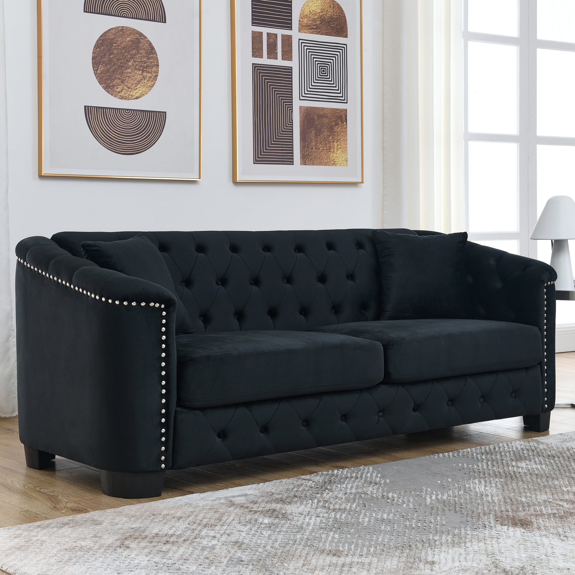 77-Inch Modern Chesterfield Velvet Sofa, 3-Seater Sofa, Upholstered Tufted Backrests with Nailhead Arms and 2 Cushions for Living Room, Bedroom, Apartment, Office (Black) image 1