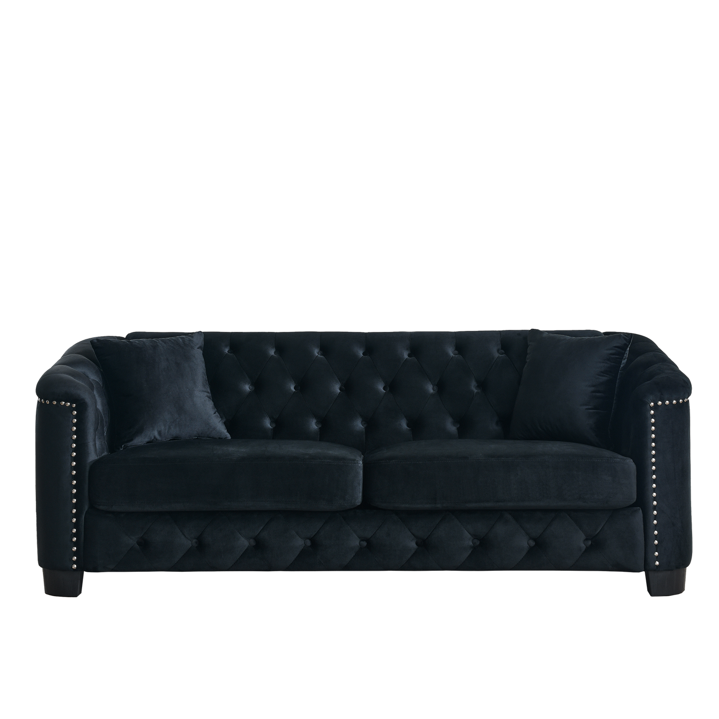 77-Inch Modern Chesterfield Velvet Sofa, 3-Seater Sofa, Upholstered Tufted Backrests with Nailhead Arms and 2 Cushions for Living Room, Bedroom, Apartment, Office (Black) image 7