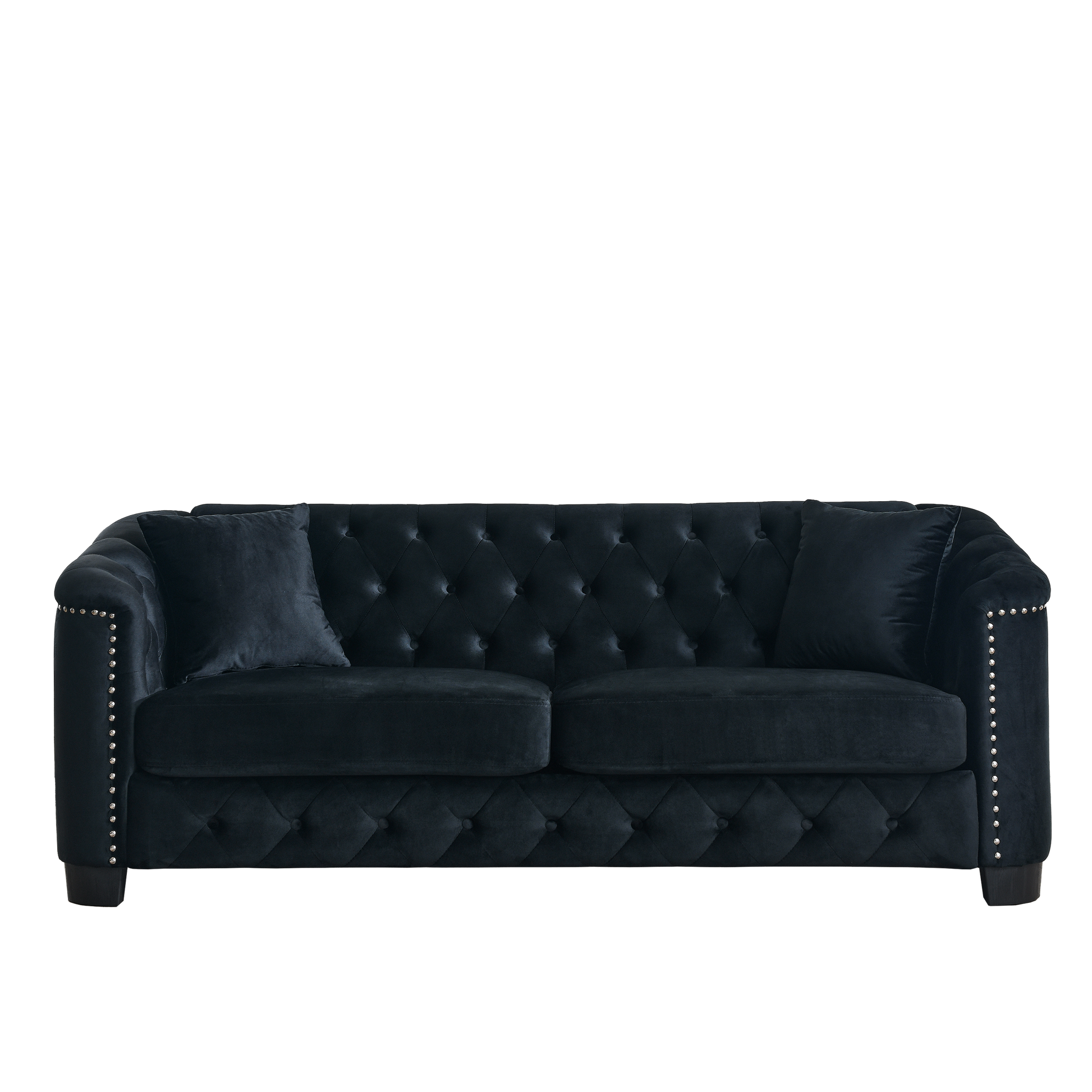 77-Inch Modern Chesterfield Velvet Sofa, 3-Seater Sofa, Upholstered Tufted Backrests with Nailhead Arms and 2 Cushions for Living Room, Bedroom, Apartment, Office (Black) image 7