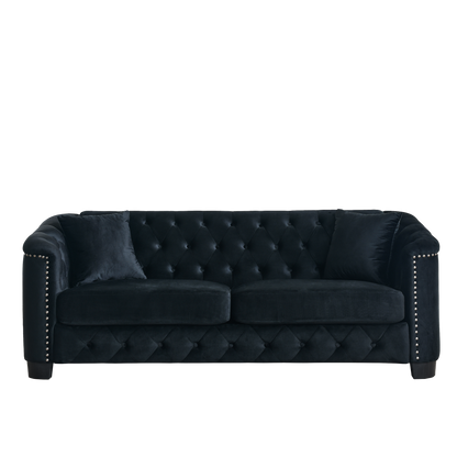 77-Inch Modern Chesterfield Velvet Sofa, 3-Seater Sofa, Upholstered Tufted Backrests with Nailhead Arms and 2 Cushions for Living Room, Bedroom, Apartment, Office (Black) image 7