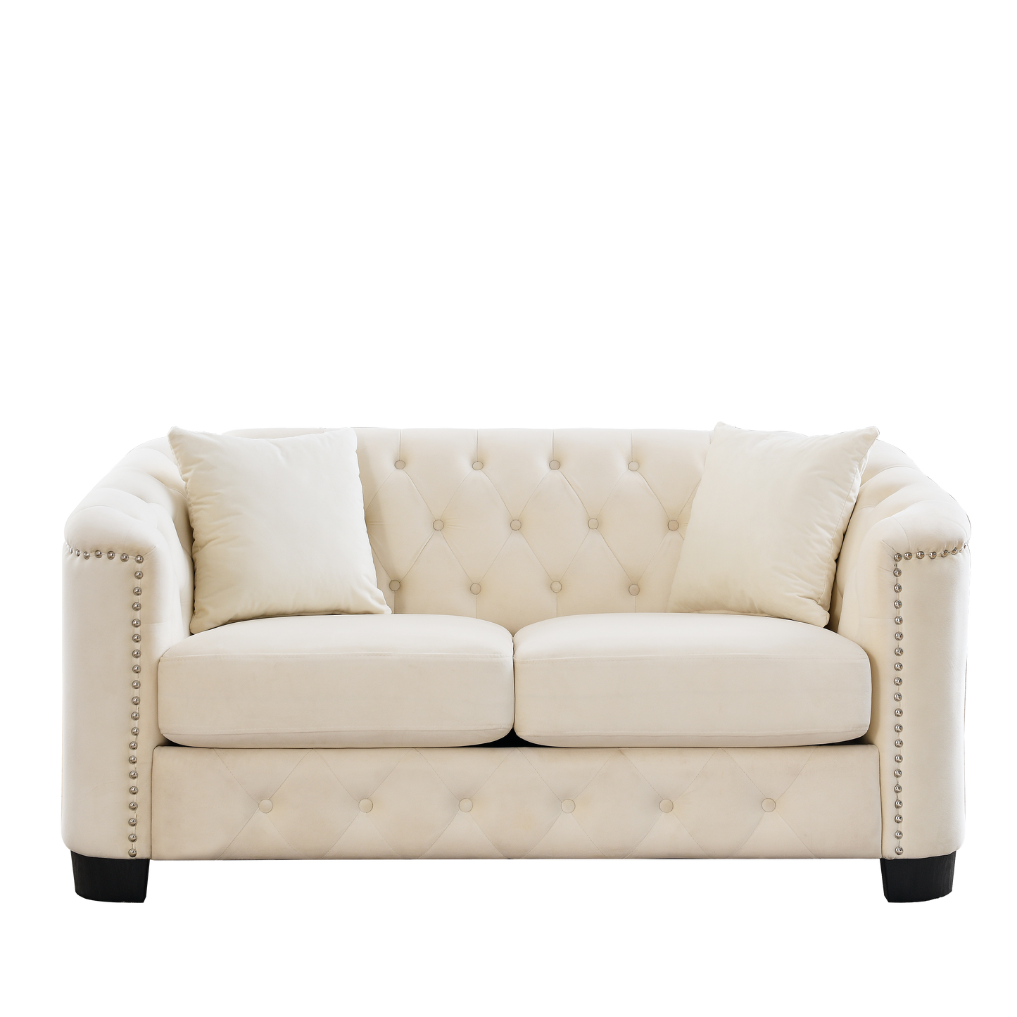 59-Inch Modern Chesterfield Velvet Sofa, 2-Seater Sofa, Upholstered Tufted Backrests with Nailhead Arms and 2 Cushions for Living Room, Bedroom, Apartment, Office (Beige) image 6