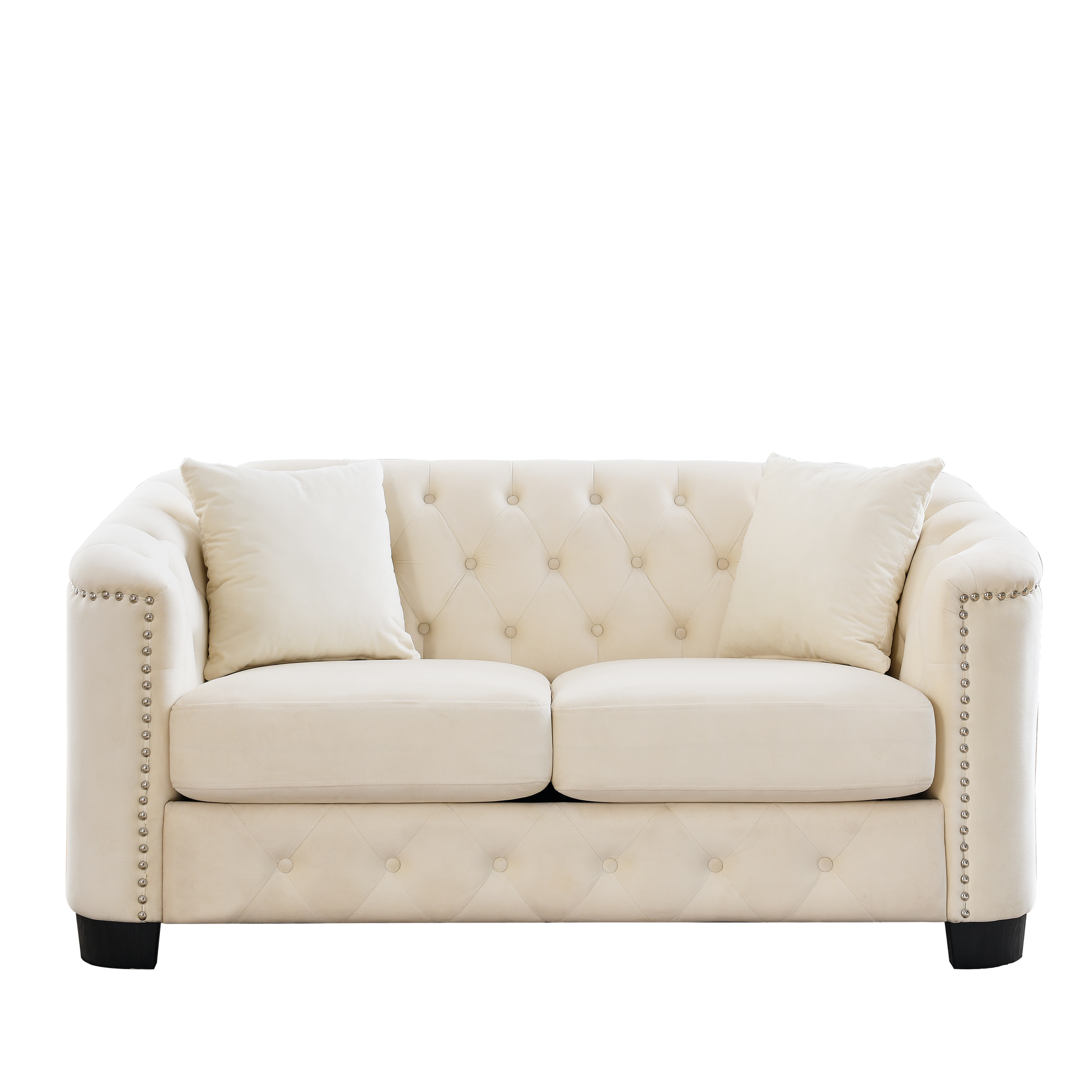 59-Inch Modern Chesterfield Velvet Sofa, 2-Seater Sofa, Upholstered Tufted Backrests with Nailhead Arms and 2 Cushions for Living Room, Bedroom, Apartment, Office (Beige) image 6