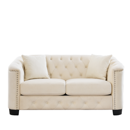 59-Inch Modern Chesterfield Velvet Sofa, 2-Seater Sofa, Upholstered Tufted Backrests with Nailhead Arms and 2 Cushions for Living Room, Bedroom, Apartment, Office (Beige) image 6