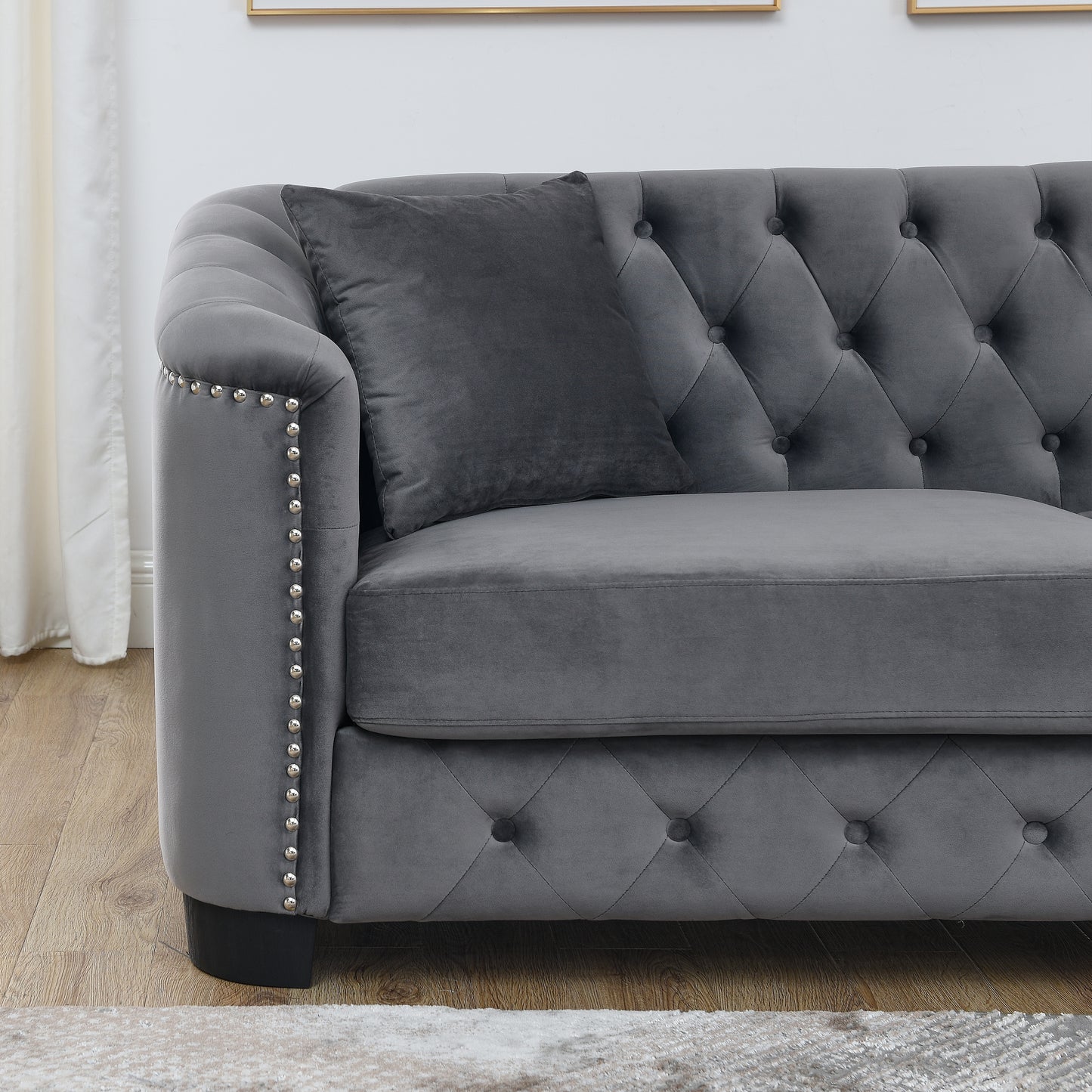 77-Inch Modern Chesterfield Velvet Sofa, 3-Seater Sofa, Upholstered Tufted Backrests with Nailhead Arms and 2 Cushions for Living Room, Bedroom, Apartment, Office (Grey) image 12