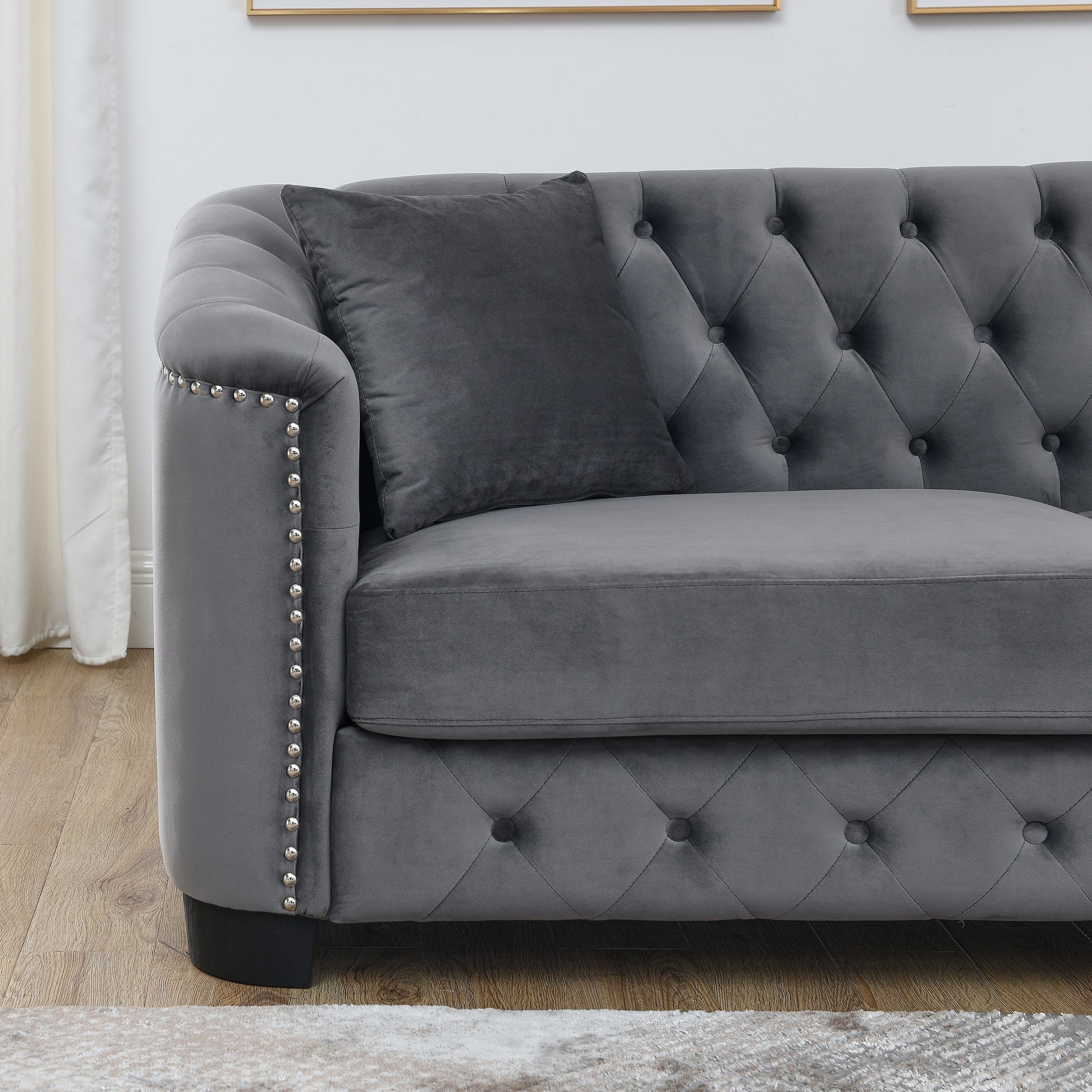 77-Inch Modern Chesterfield Velvet Sofa, 3-Seater Sofa, Upholstered Tufted Backrests with Nailhead Arms and 2 Cushions for Living Room, Bedroom, Apartment, Office (Grey) image 12