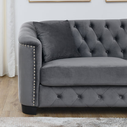 77-Inch Modern Chesterfield Velvet Sofa, 3-Seater Sofa, Upholstered Tufted Backrests with Nailhead Arms and 2 Cushions for Living Room, Bedroom, Apartment, Office (Grey) image 12