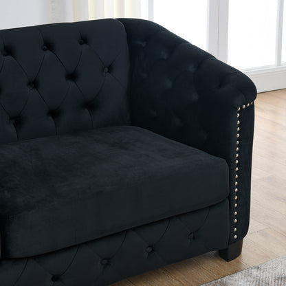 77-Inch Modern Chesterfield Velvet Sofa, 3-Seater Sofa, Upholstered Tufted Backrests with Nailhead Arms and 2 Cushions for Living Room, Bedroom, Apartment, Office (Black) image 12