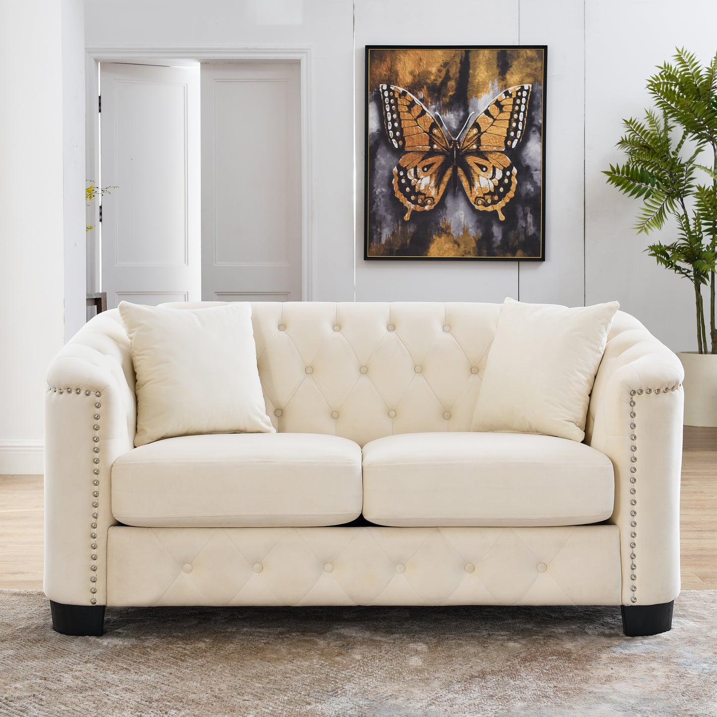 59-Inch Modern Chesterfield Velvet Sofa, 2-Seater Sofa, Upholstered Tufted Backrests with Nailhead Arms and 2 Cushions for Living Room, Bedroom, Apartment, Office (Beige) image 1