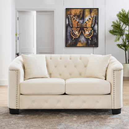 59-Inch Modern Chesterfield Velvet Sofa, 2-Seater Sofa, Upholstered Tufted Backrests with Nailhead Arms and 2 Cushions for Living Room, Bedroom, Apartment, Office (Beige) image 1