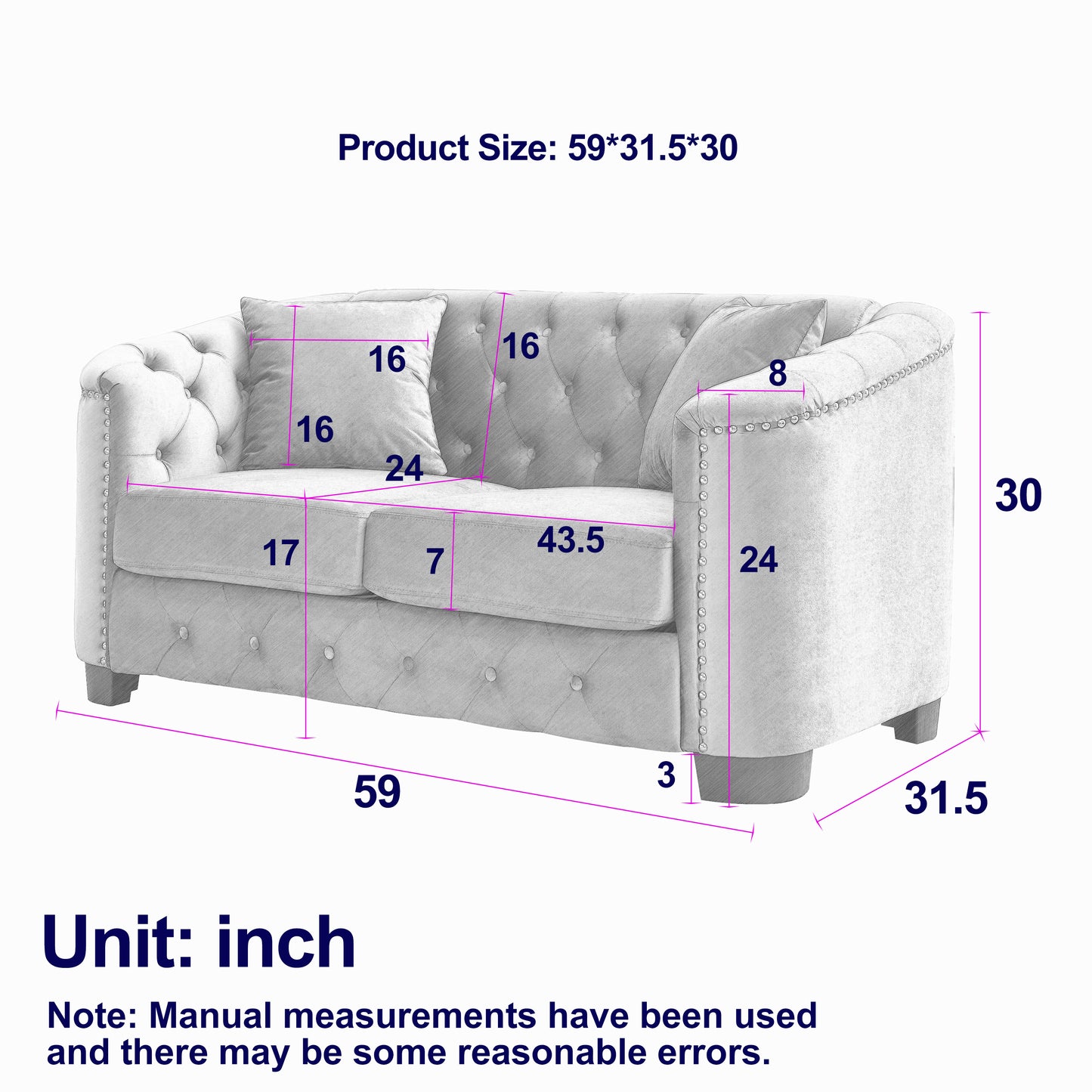 59-Inch Modern Chesterfield Velvet Sofa, 2-Seater Sofa, Upholstered Tufted Backrests with Nailhead Arms and 2 Cushions for Living Room, Bedroom, Apartment, Office (Beige) image 4