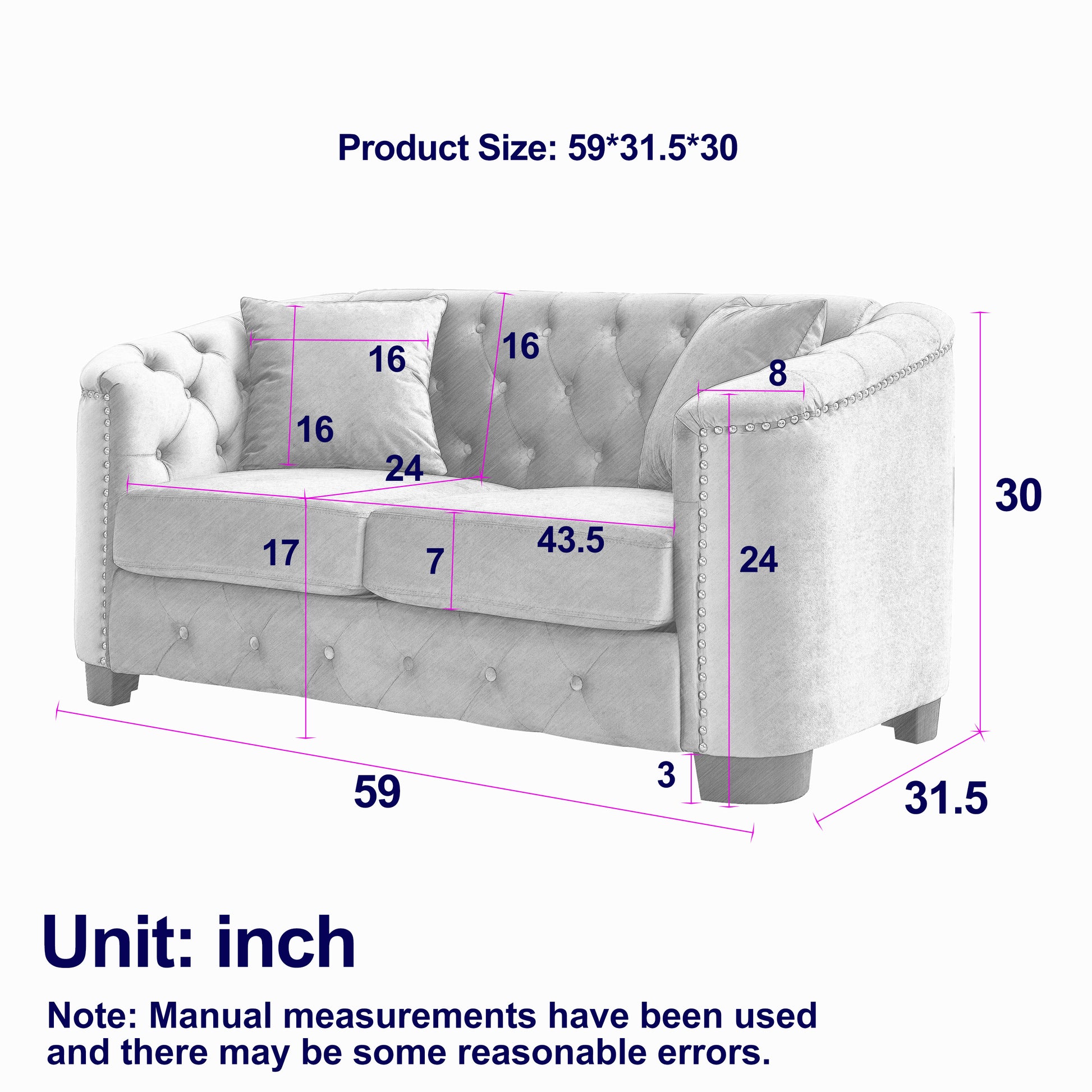 59-Inch Modern Chesterfield Velvet Sofa, 2-Seater Sofa, Upholstered Tufted Backrests with Nailhead Arms and 2 Cushions for Living Room, Bedroom, Apartment, Office (Beige) image 4