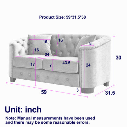 59-Inch Modern Chesterfield Velvet Sofa, 2-Seater Sofa, Upholstered Tufted Backrests with Nailhead Arms and 2 Cushions for Living Room, Bedroom, Apartment, Office (Beige) image 4